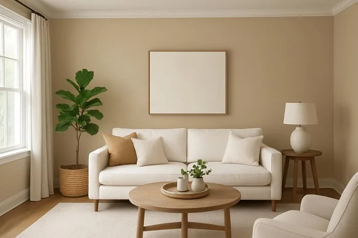 Livng room with beige walls and a cream couch