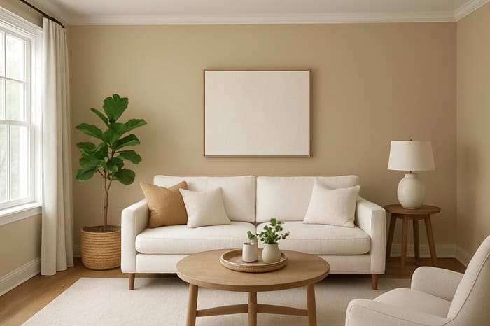 Livng room with beige walls and a cream couch