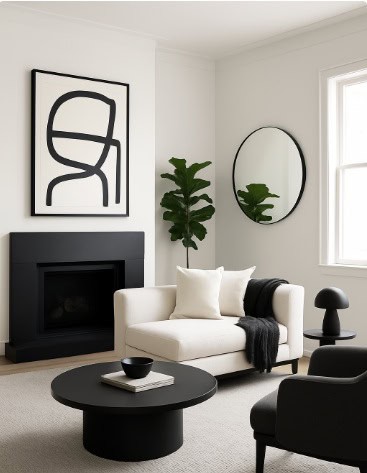 Living room with white walls and black accents