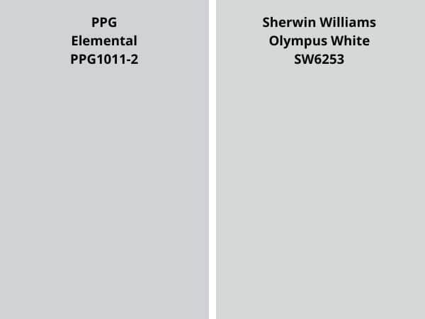 PPG Elemental vs SW Olympus White color comparison digital swatch