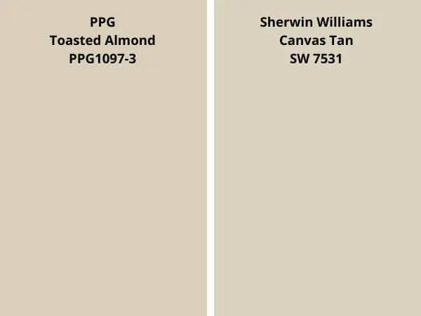 ppg Toasted Almond vs SW Canvas tan color comparison digital swatch