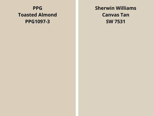 ppg Toasted Almond vs SW Canvas tan color comparison digital swatch