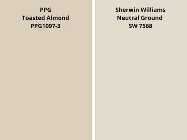 ppg Toasted Almond vs SW Neutral Ground color comparison digital swatch