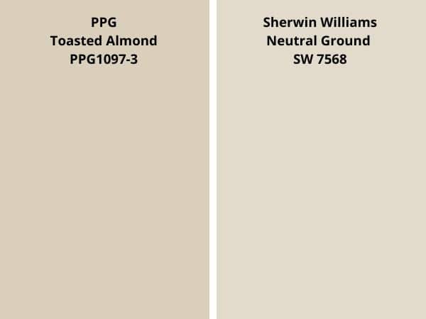 ppg Toasted Almond vs SW Neutral Ground color comparison digital swatch