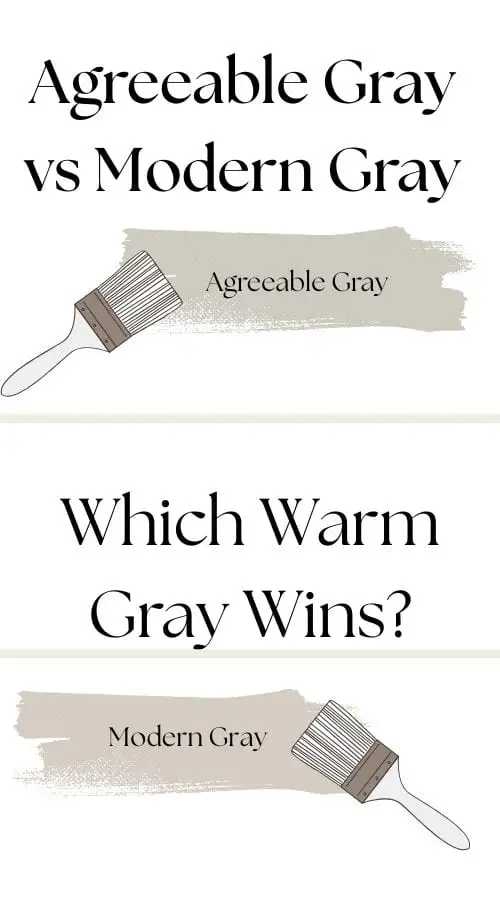 Paint color comparison graphic showing Sherwin Williams Agreeable Gray SW7029 and Modern Gray SW7632 undertones, LRVs, and design tips for neutral interiors.
