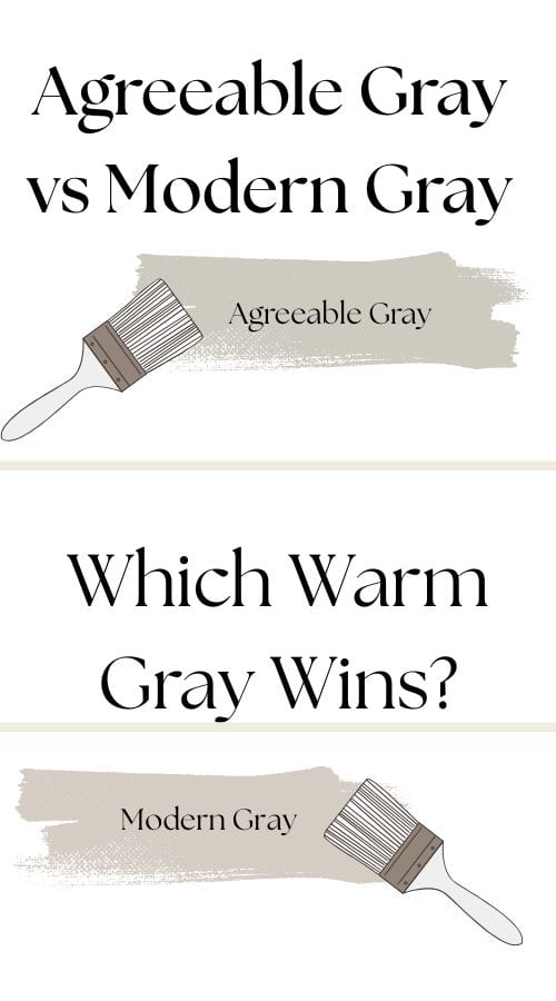 Paint color comparison graphic showing Sherwin Williams Agreeable Gray SW7029 and Modern Gray SW7632 undertones, LRVs, and design tips for neutral interiors.