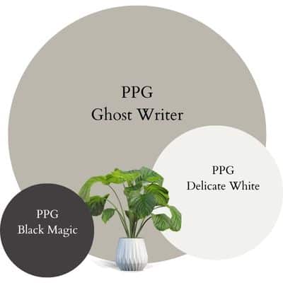 PPG Ghost Writer Modern Contrast Palette paint Color Palette - Pinterest graphic 