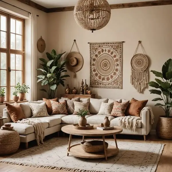 a boho style neutral living room with couches and plants