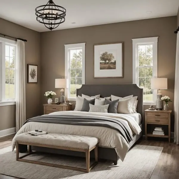a modern farmhouse style bedroom with a bed and windows