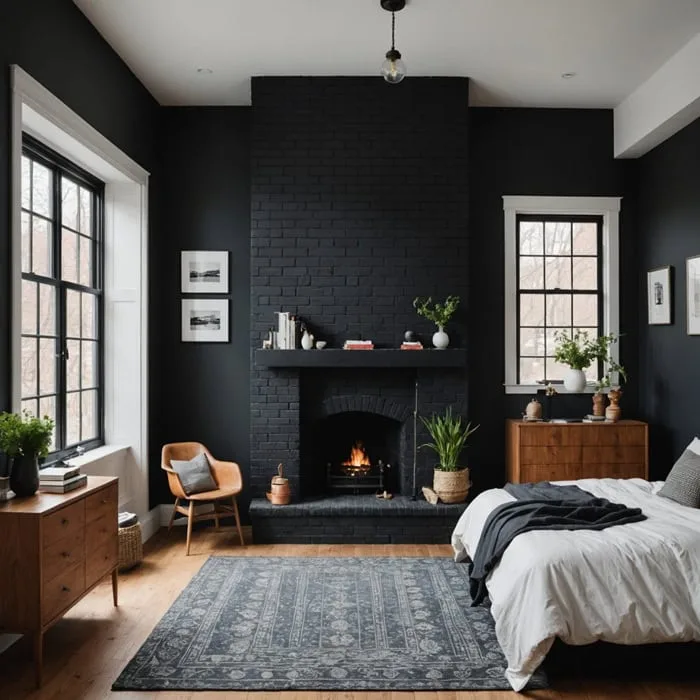 bedroom with black walls and black painted fireplace
