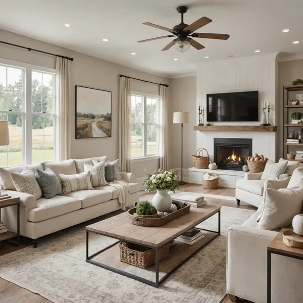 modern farmhouse style living room with couches and neutral colors