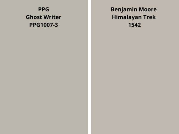 ppg Ghost Writer vs Himalayan Trek color comparison digital swatch