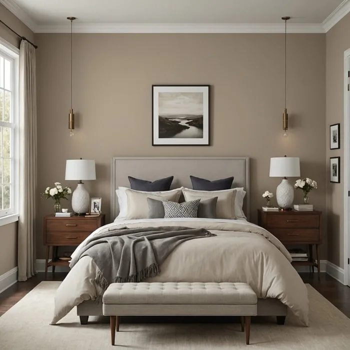 Bedroom with greige walls, bed and window