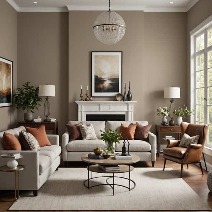 living room with greige walls and light tan couches