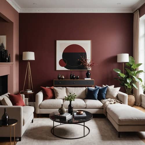 a living room with a red wine wall color and neutral furniture