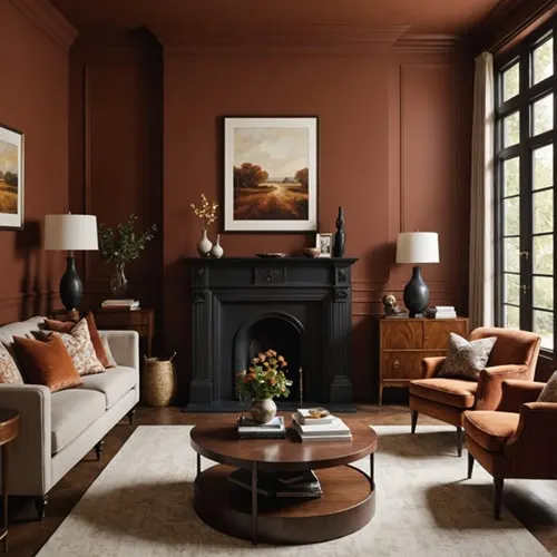 a living room with a warm mahogany wall color