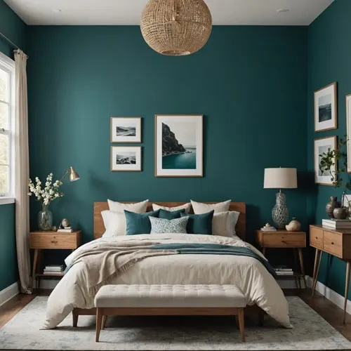 bedroom with a deep teal wall color and neutral furniture