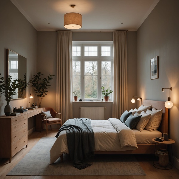 A bedroom bathed in soft glow northern light. Comfortable, minimalistic furniture is in the space