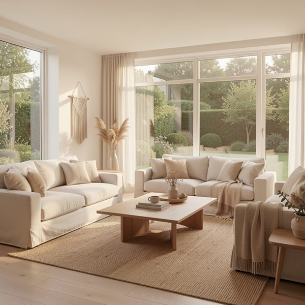A sun-drenched minimalist living room with clean lines and a focus on natural textures