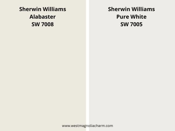 Pure White vs Alabaster color comparison digital swatch