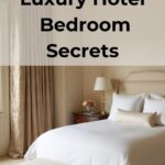 A neutral bedroom with a bed and headboard that is decorated like a hotel room - Pinterest Graphic