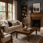 Living room with blue walls , fireplace and dark wood accents
