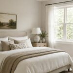 neutral bedroom with a bed, nightstand and window- Pinterest Graphic