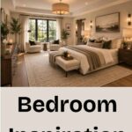 neutral bedroom with a bed and headboard that is decorated like a hotel room - Pinterest Graphic